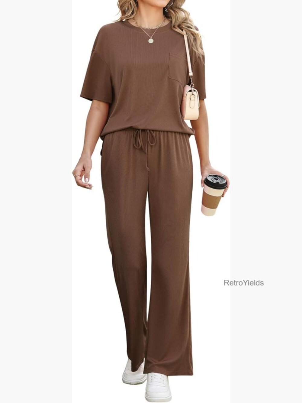 Two Piece Pants Set Short Sleeve Lounge Matching Set with Pockets